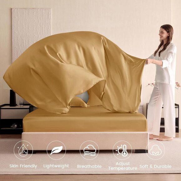 THXSILK Metallic Gold Twin FLAT Sheet 100% Mulberry Silk , NWT - Picture 5 of 9